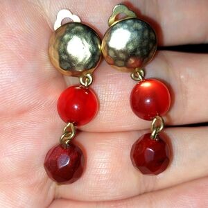 Gold and Red Dangle Clip Earrings I Think It's Lucite Not Sure